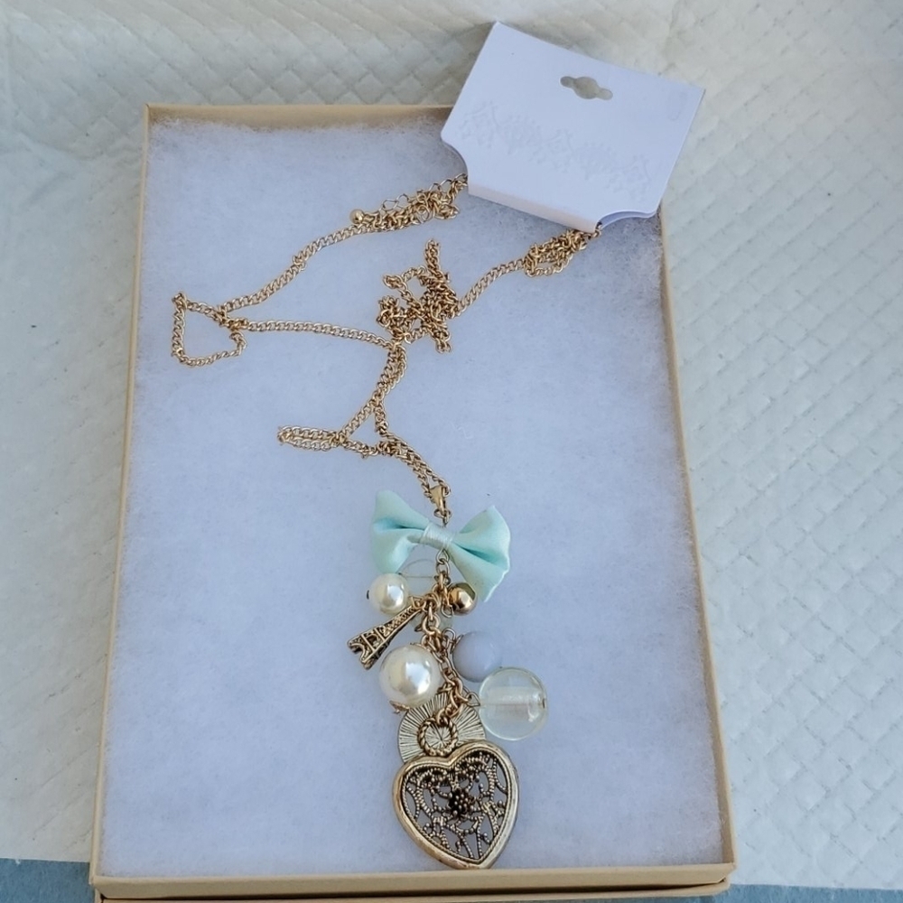 NEW GOLD LONG NECKLACE EIFFEL TOWER PEARL HEART‎ - Picture 6 of 7